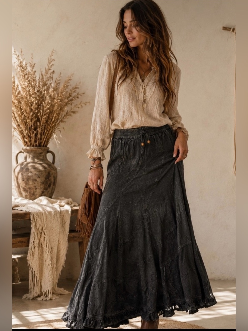NWT Medium Young Threads Boho Charcoal Black Maxi Skirt with Drawstring Waist